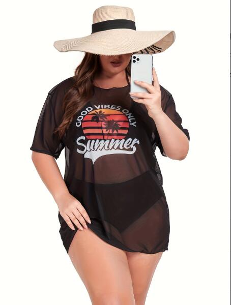 Plus Size Women Mesh Cover-up See-Through Sexy Bikini Swimwear 3Piece